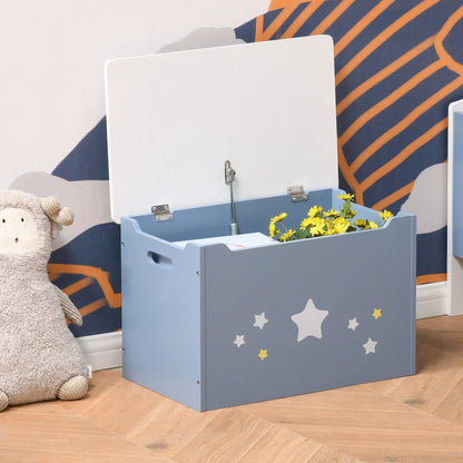 HOMCOM Kids Wooden Toy Box Children Storage Chest Organiser Side Handle, Safety Hinge Play, Blue
