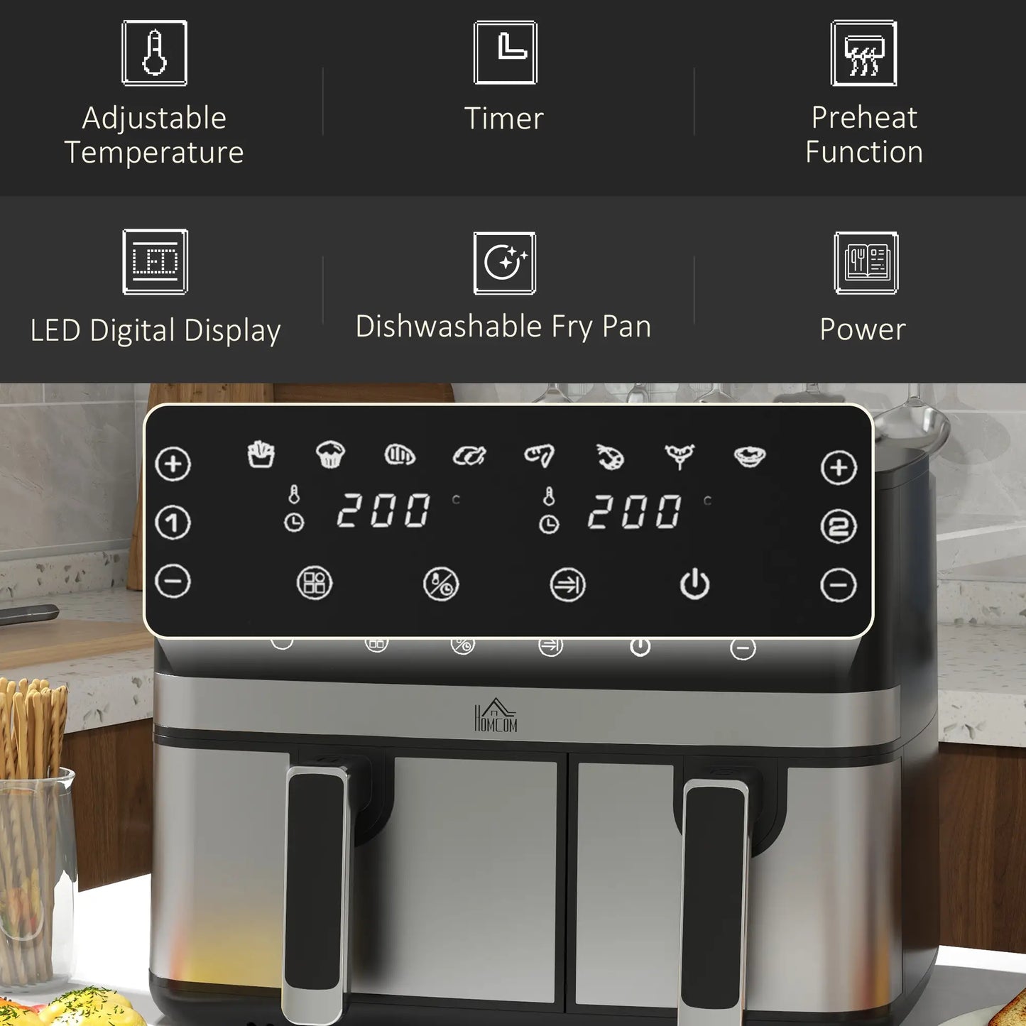 HOMCOM 8.5L Dual Basket Air Fryer, with Sync and Multi-Menu Kitchen Cooking