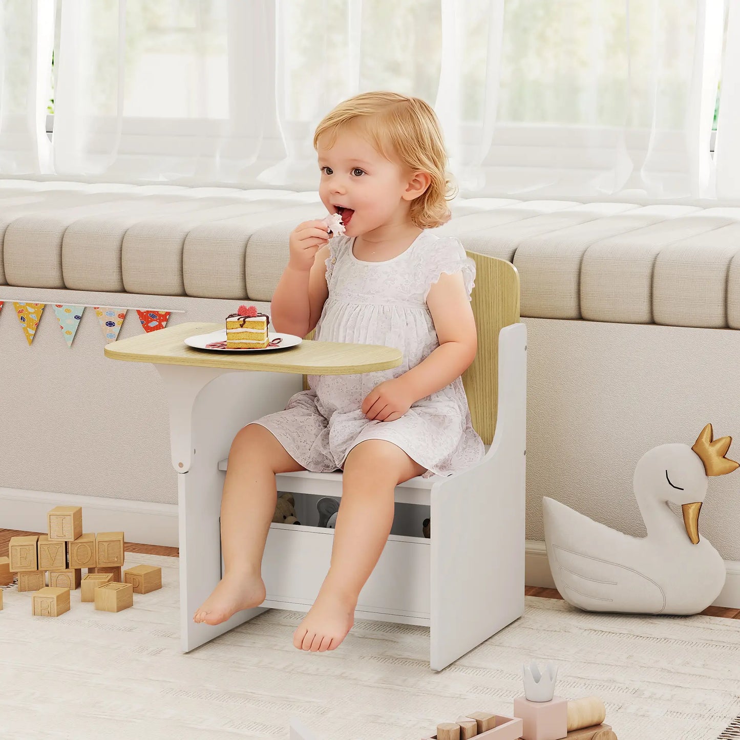 AIYAPLAY Kids Table & Chair Set, Children Desk & Chair with Storage Bins for Playing, Reading, Painting, White