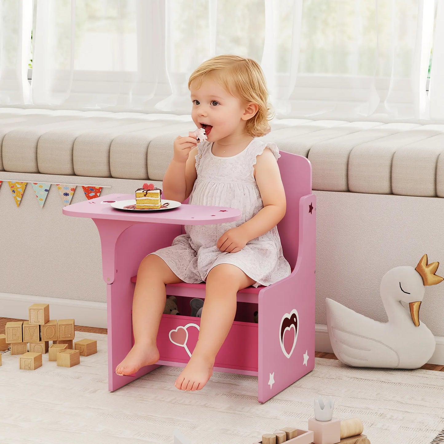 AIYAPLAY Kids Table & Chair Set, Children Desk & Chair with Storage Bins for Playing, Reading, Pink