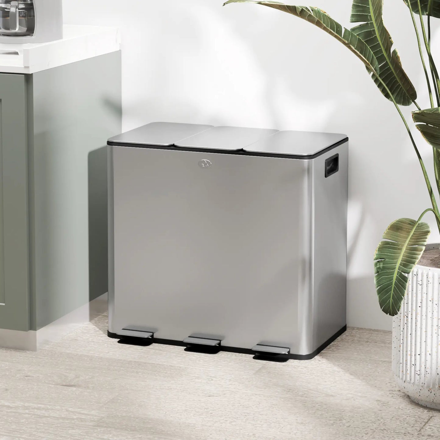 HOMCOM 3 x 15L Pedal Bin, Steel Triple Kitchen Bin with Soft Close Lid, Removable Inner Buckets, Fingerprint-Proof, Silver Tone