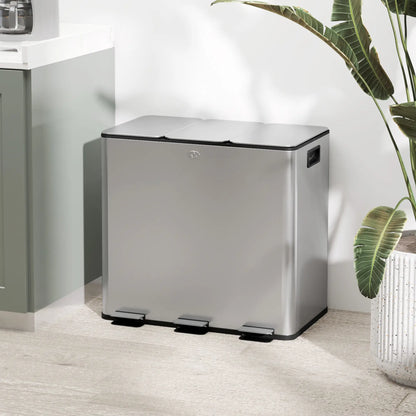 HOMCOM 3 x 15L Pedal Bin, Steel Triple Kitchen Bin with Soft Close Lid, Removable Inner Buckets, Fingerprint-Proof, Silver Tone