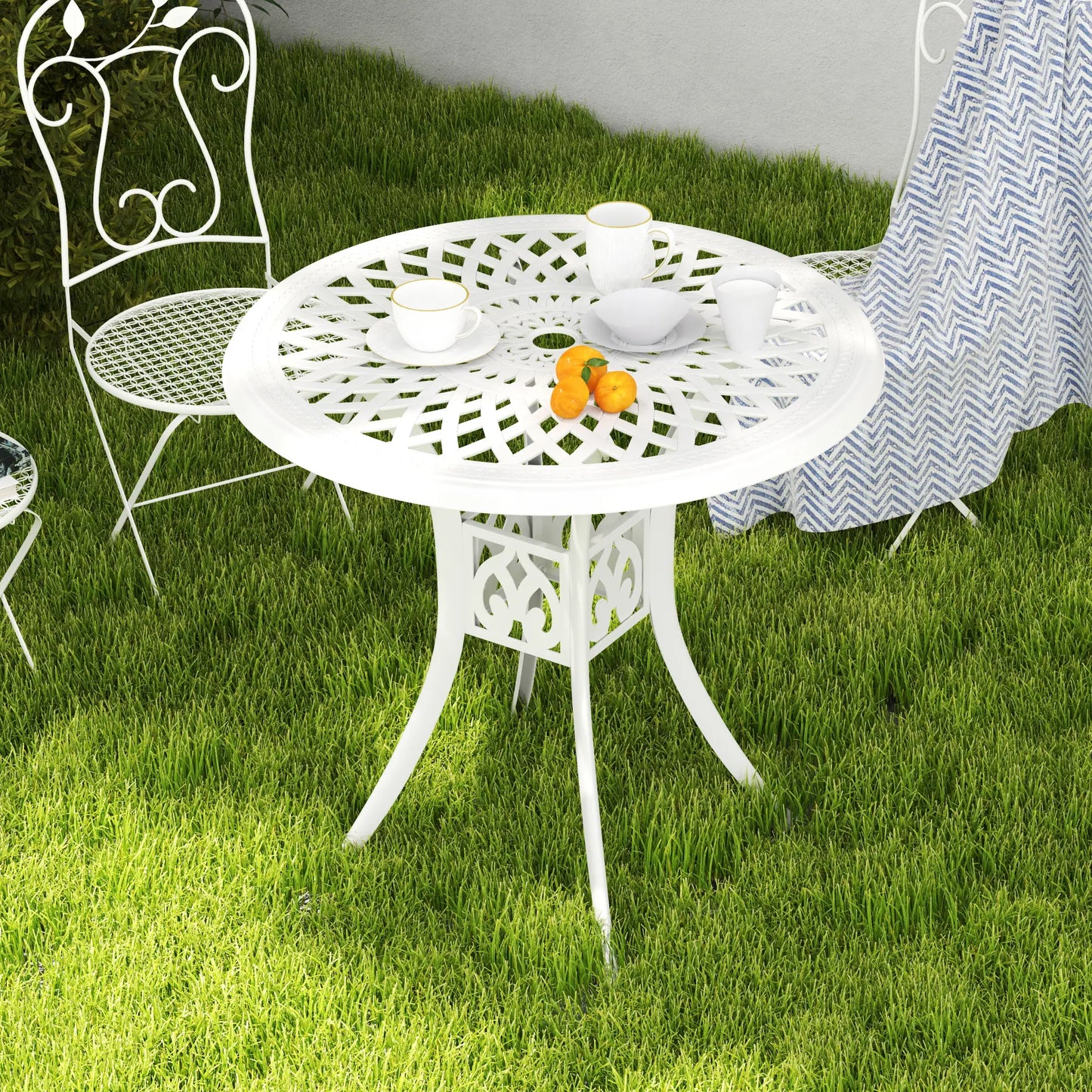 Outsunny Round Garden Dining Table with Parasol Hole Antique Cast Aluminium Outdoor Table Only, White
