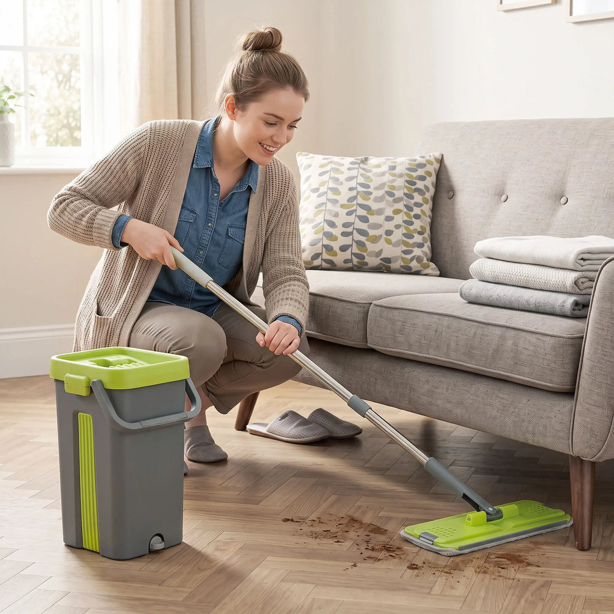 HOMCOM Flat Mop and Bucket with Wringer Set & 2 Chambers, Wet & Dry Use, Dark Grey