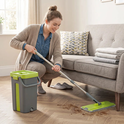 HOMCOM Flat Mop and Bucket with Wringer Set & 2 Chambers, Wet & Dry Use, Dark Grey