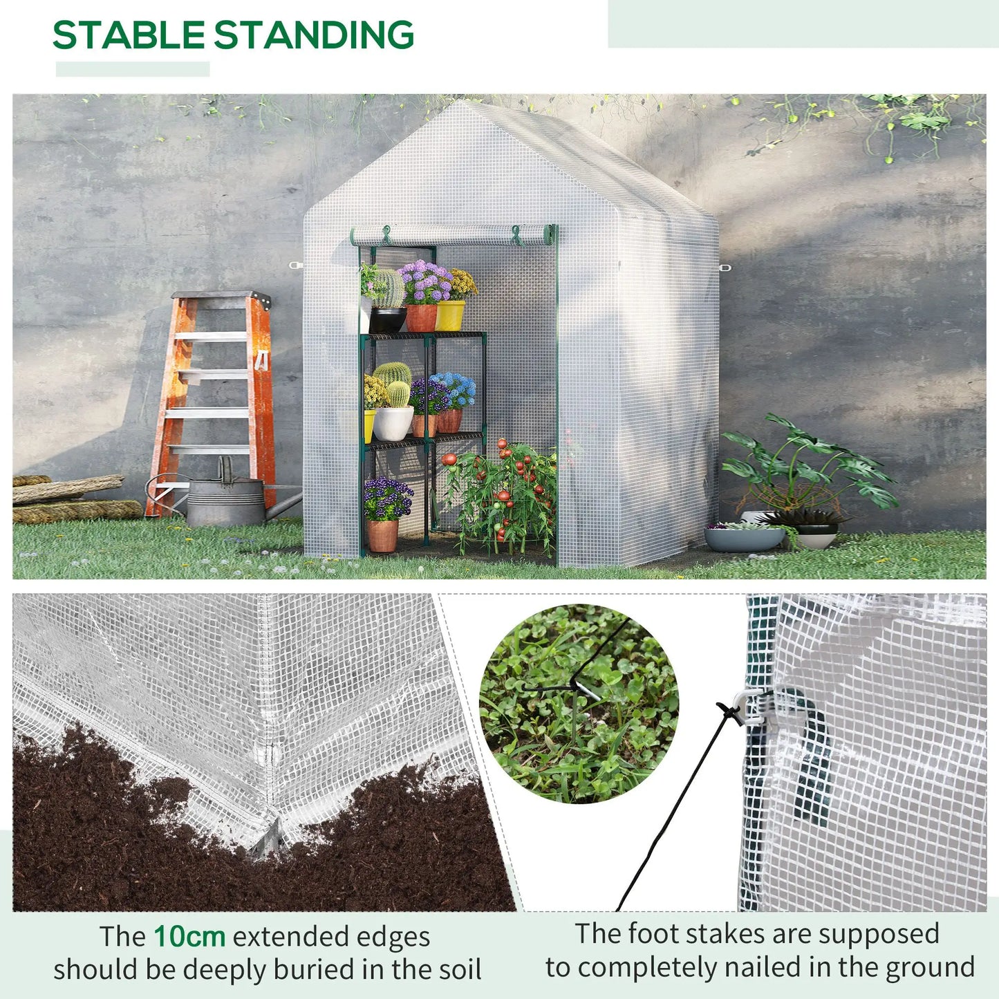 Outsunny Walk In Greenhouse Portable Gardening Plant Grow House Reinforced PE Cover with 2 Tier Shelf & Roll Up Zip Panel Door