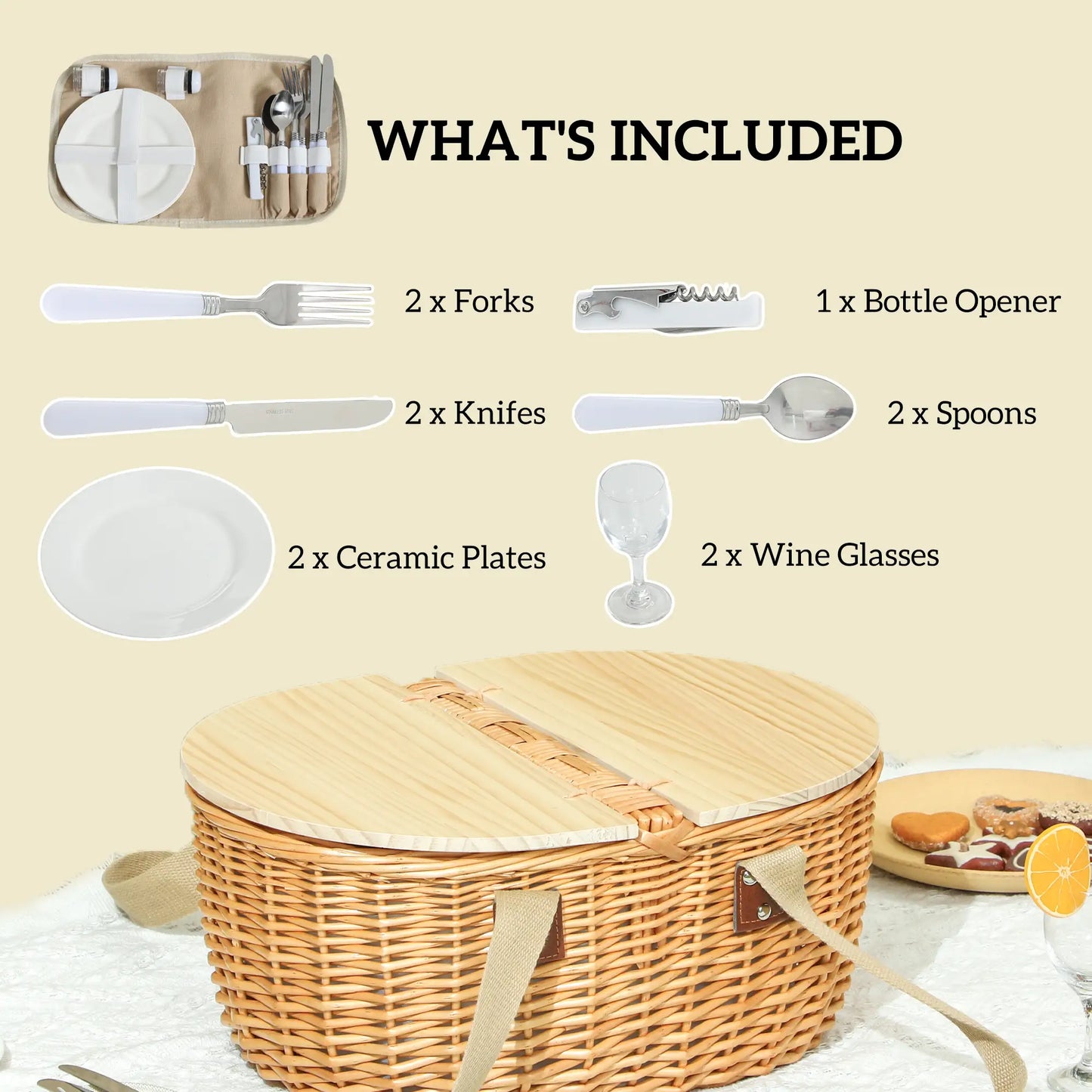 Outsunny Wicker Picnic Basket for 2 with Pine Wood Lid, Picnic Hamper with Cooler Compartment, Carry Handle for Camping, Outdoor, Light Brown