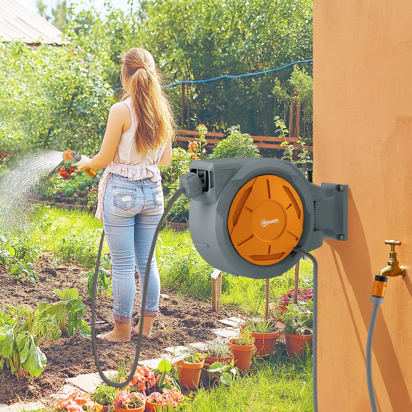 Outsunny Retractable Hose Reel Wall Mounted, 30+2m Garden Hose Pipe Reel with Lock, Auto Rewind, Orange