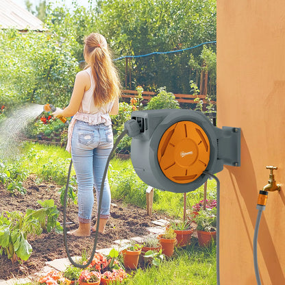 Outsunny Retractable Hose Reel Wall Mounted, 30+2m Garden Hose Pipe Reel with Lock, Auto Rewind, Orange