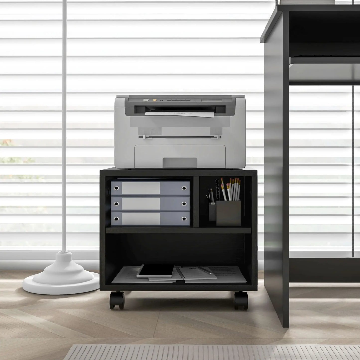 HOMCOM Three-Compartment Office Storage Printer Cabinet, with Wheels - Black