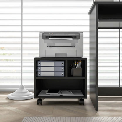 HOMCOM Three-Compartment Office Storage Printer Cabinet, with Wheels - Black