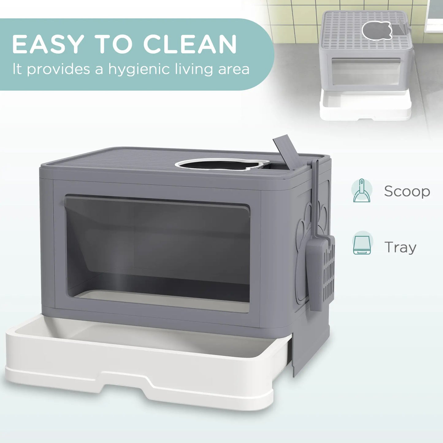 PawHut Enclosed Cat Litter Box with Lid, Front Entry, Top Exit, Drawer, Tray, Scoop, Brush - Grey