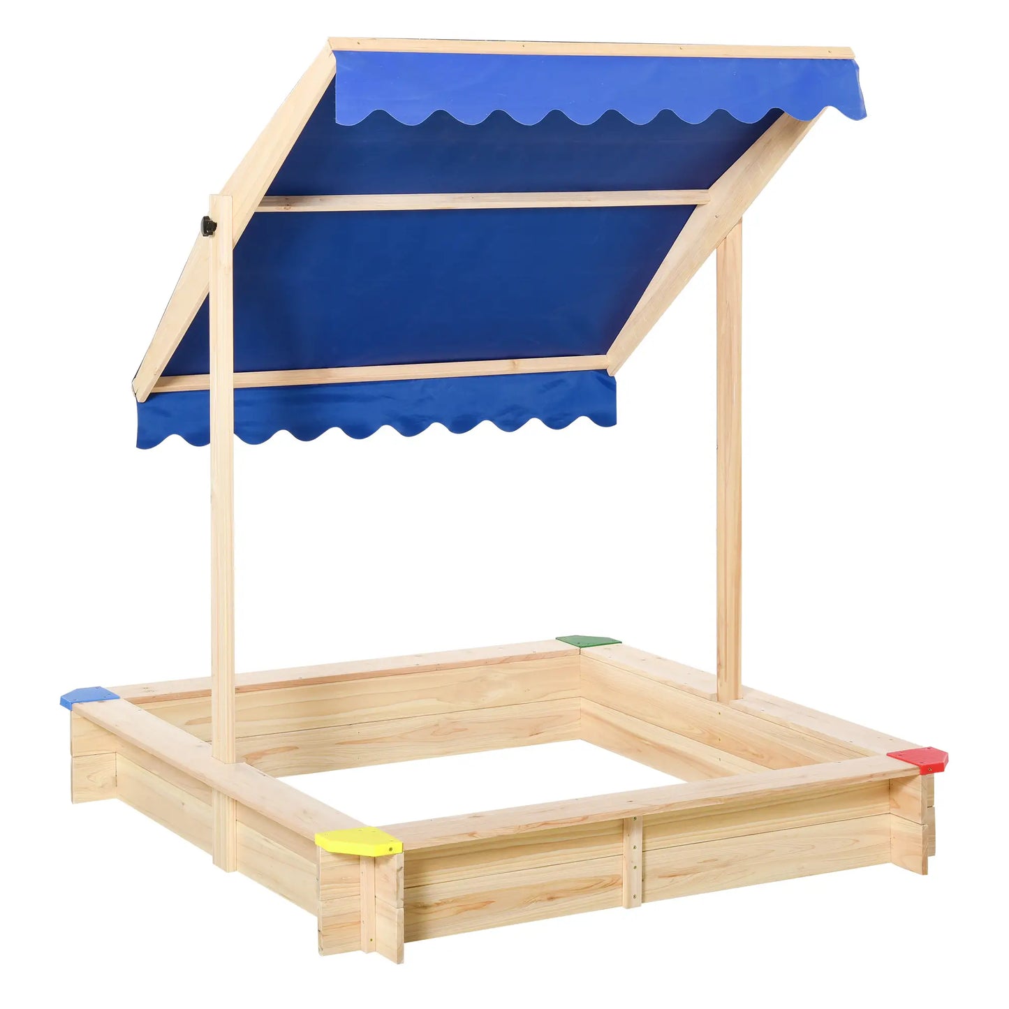 Outsunny Kids Wooden Sand Pit Children Square Sandbox Outdoor Playset Play Station Adjustable Canopy Bench Seat