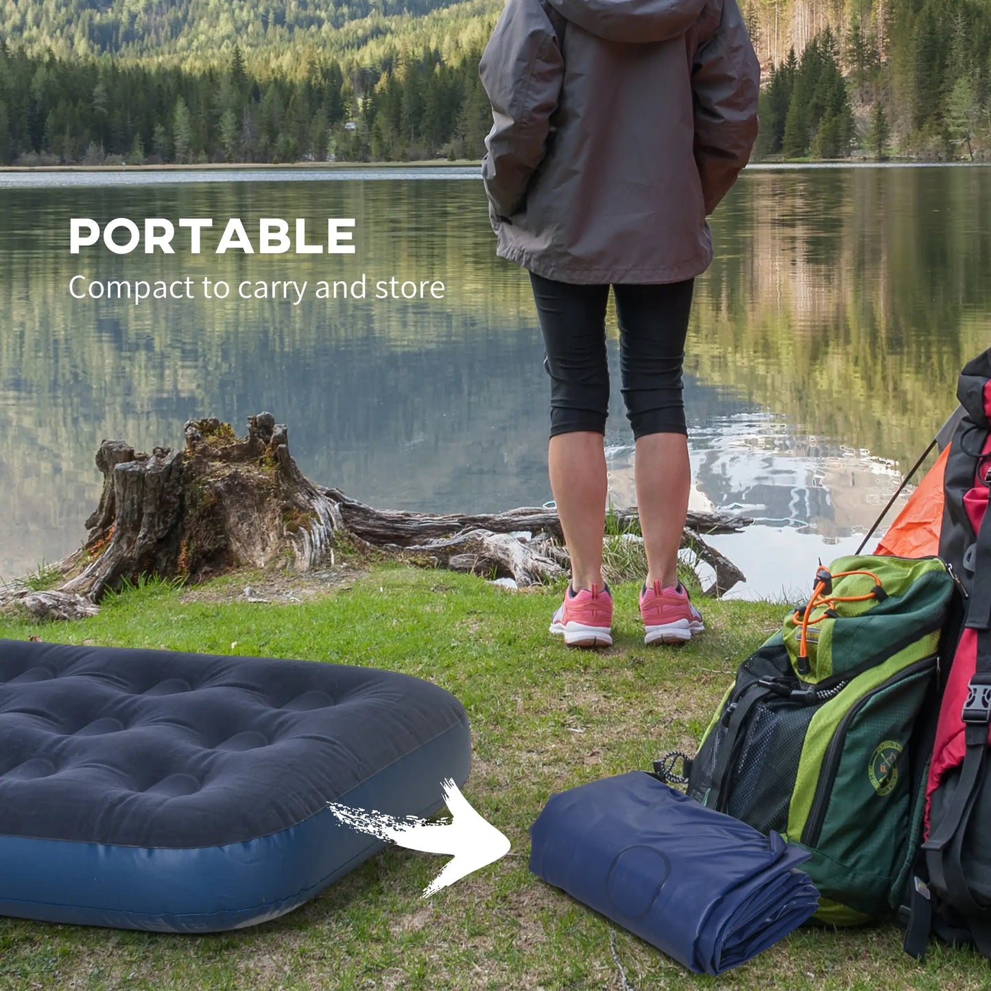 Outsunny Single Air Bed with Hand Pump, Inflatable Mattress & Flocked Surface for Guest, Camping, Travel, Blue