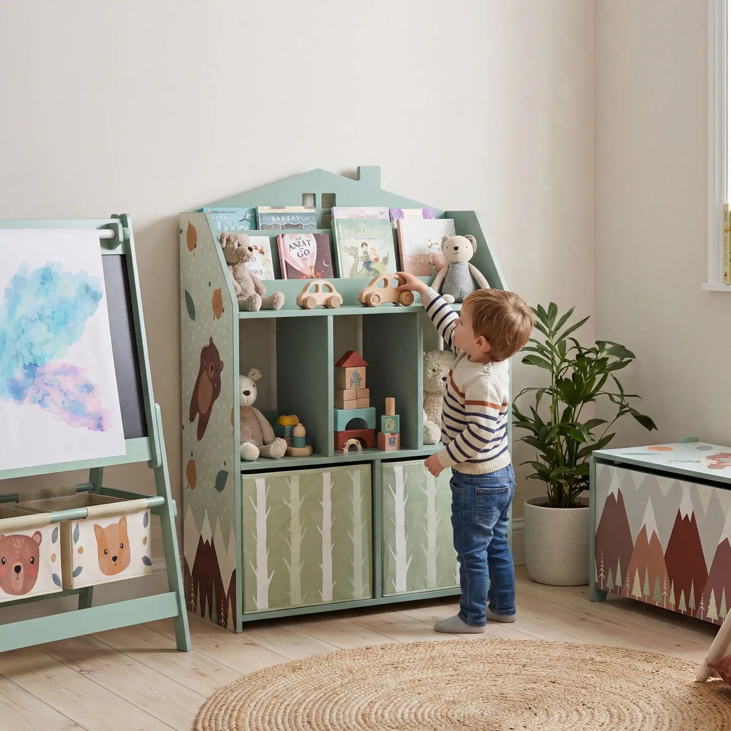 AIYAPLAY Kids Bookshelf with Toy Storage, Book Shelves and Fabric Drawers for Playroom, Green