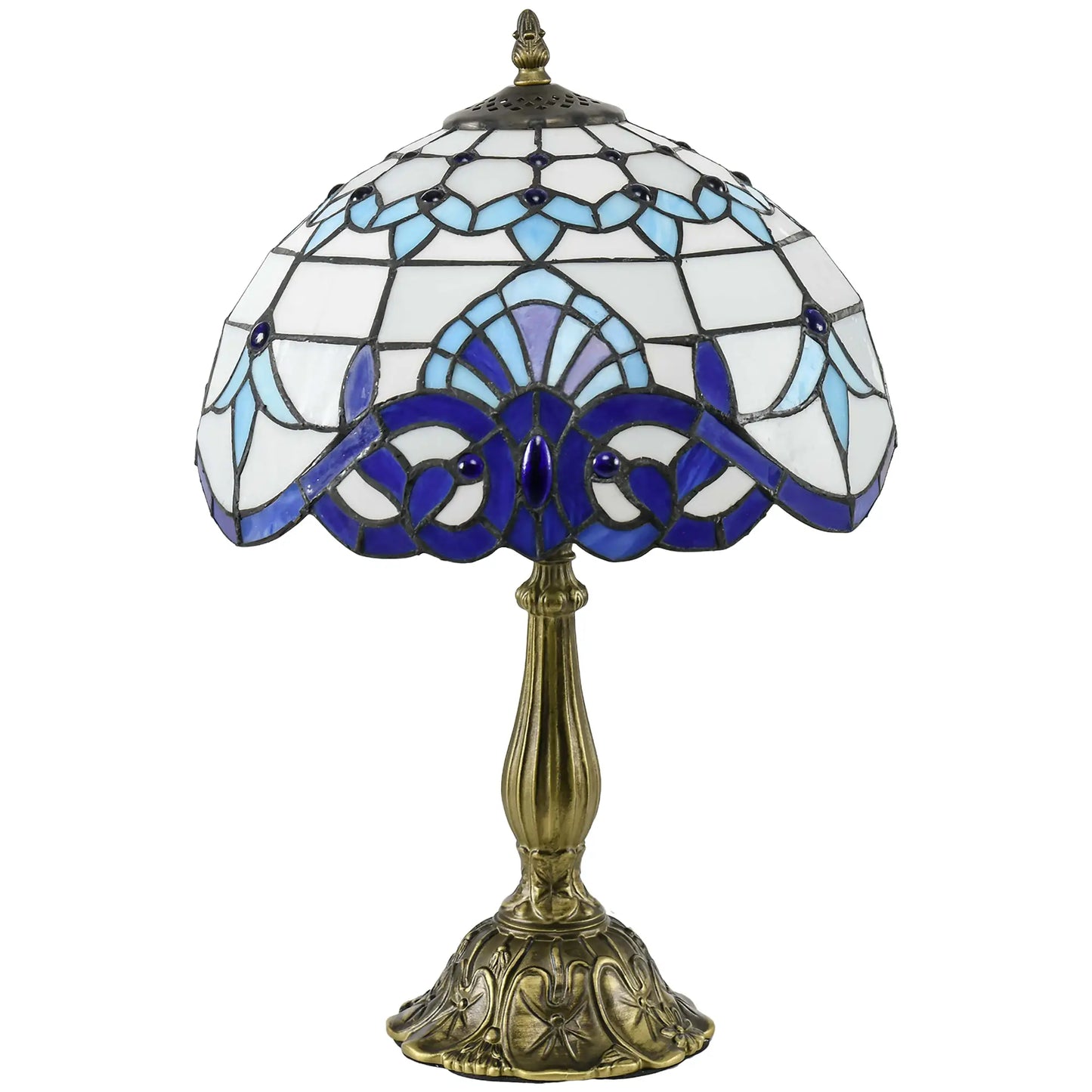 HOMCOM Tiffany Stained Glass Table Lamp, Handmade Antique Bedside Lamp, Nightstand, Night Light, Blue
