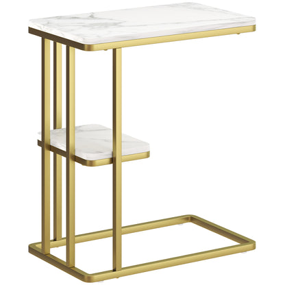HOMCOM C-Shaped Narrow Side Table, 2-Tier Slim End, Nightstand for Living Room, Bedroom, White Marble Grain