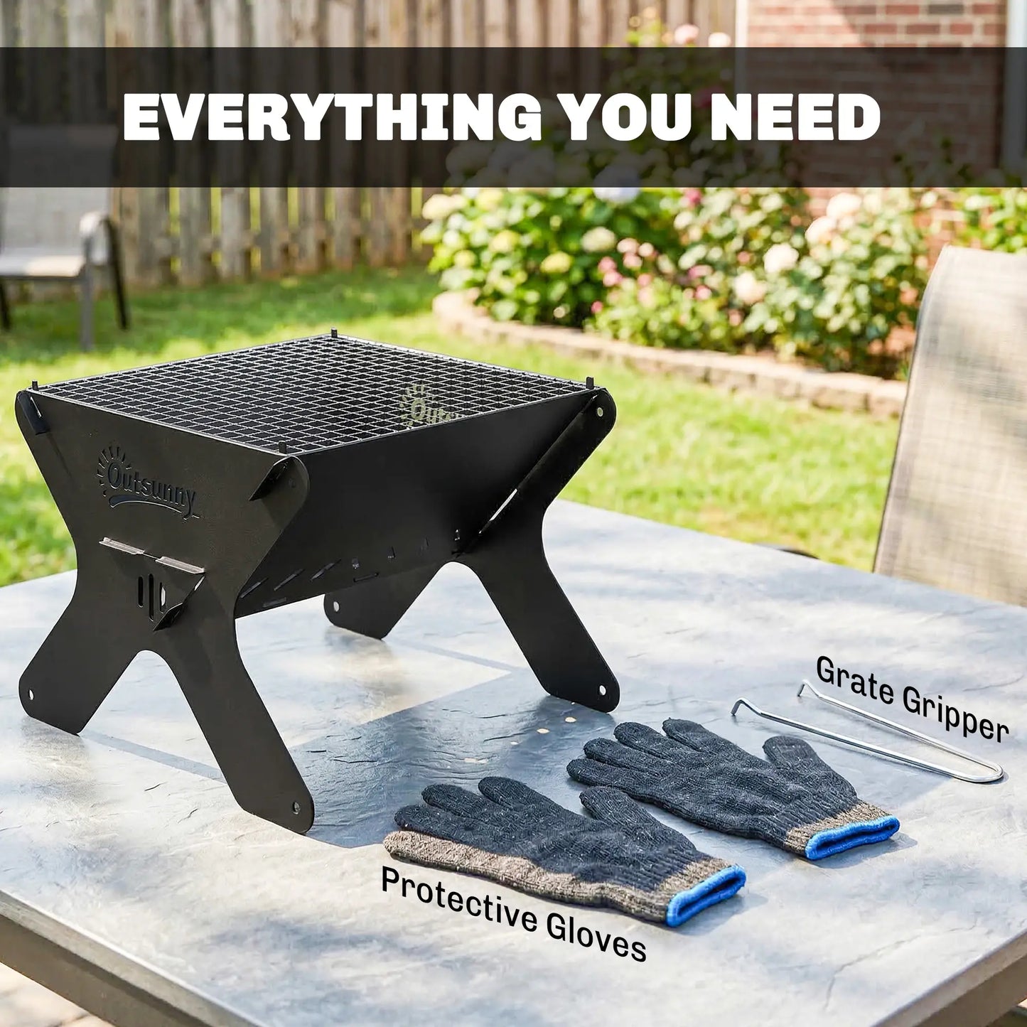 Outsunny 2-In-1 Portable BBQ Grill & Camping Fire Pit, Tabletop Charcoal Barbecue Grill with Gripper, Gloves & Carry Bag