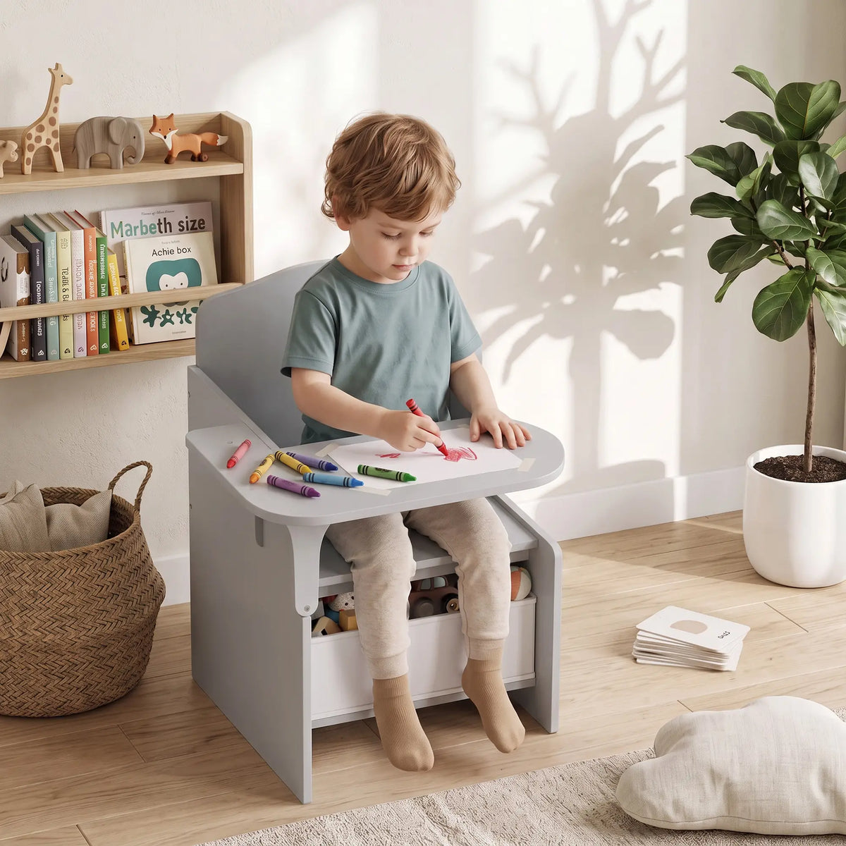 AIYAPLAY Kids Table and Chair Set, Children Desk with Storage Bins for Playing, Reading for Ages 3-5, Grey
