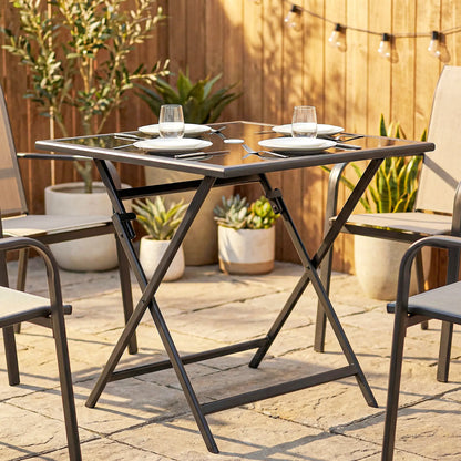 Outsunny Folding Outdoor Dining Table, Square Garden Patio Table Tempered Glass Top with Parasol Hole, Black