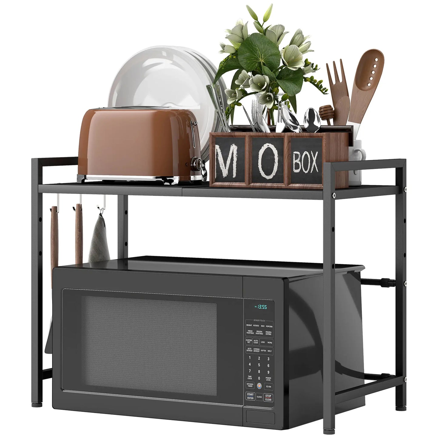 HOMCOM Kitchen Expandable Microwave Oven Rack Counter Organiser with 3 Hooks - Black