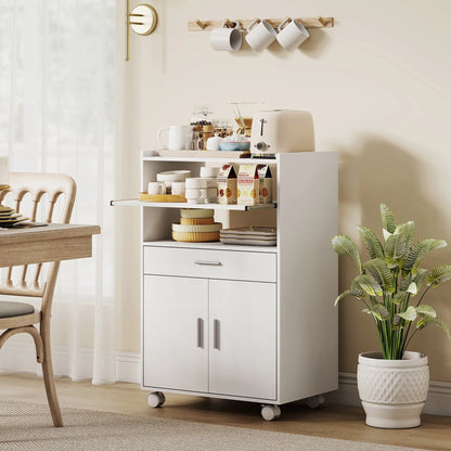 HOMCOM Kitchen Trolley with Wheels, Modern Mobile Microwave Stand with Slide-Out Shelf, Drawer & 2 Doors