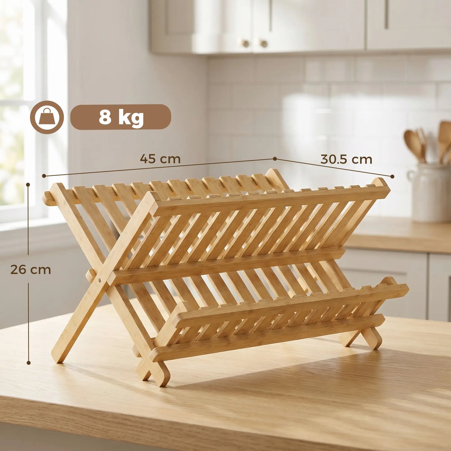 HOMCOM 2-Tier Foldable Kitchen Storage Rack with Slatted Draining Shelves, Natural Wood Finish