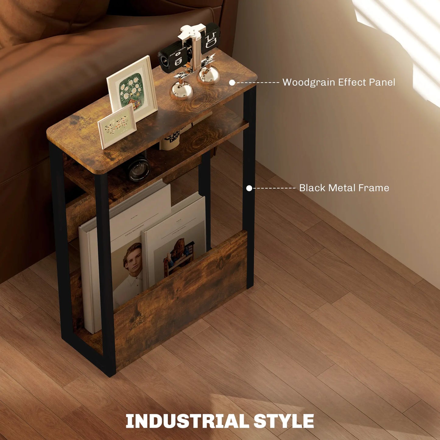 HOMCOM Industrial-Style Side Table, Wood-Effect Bedside Table with Metal Frame - Black/Brown