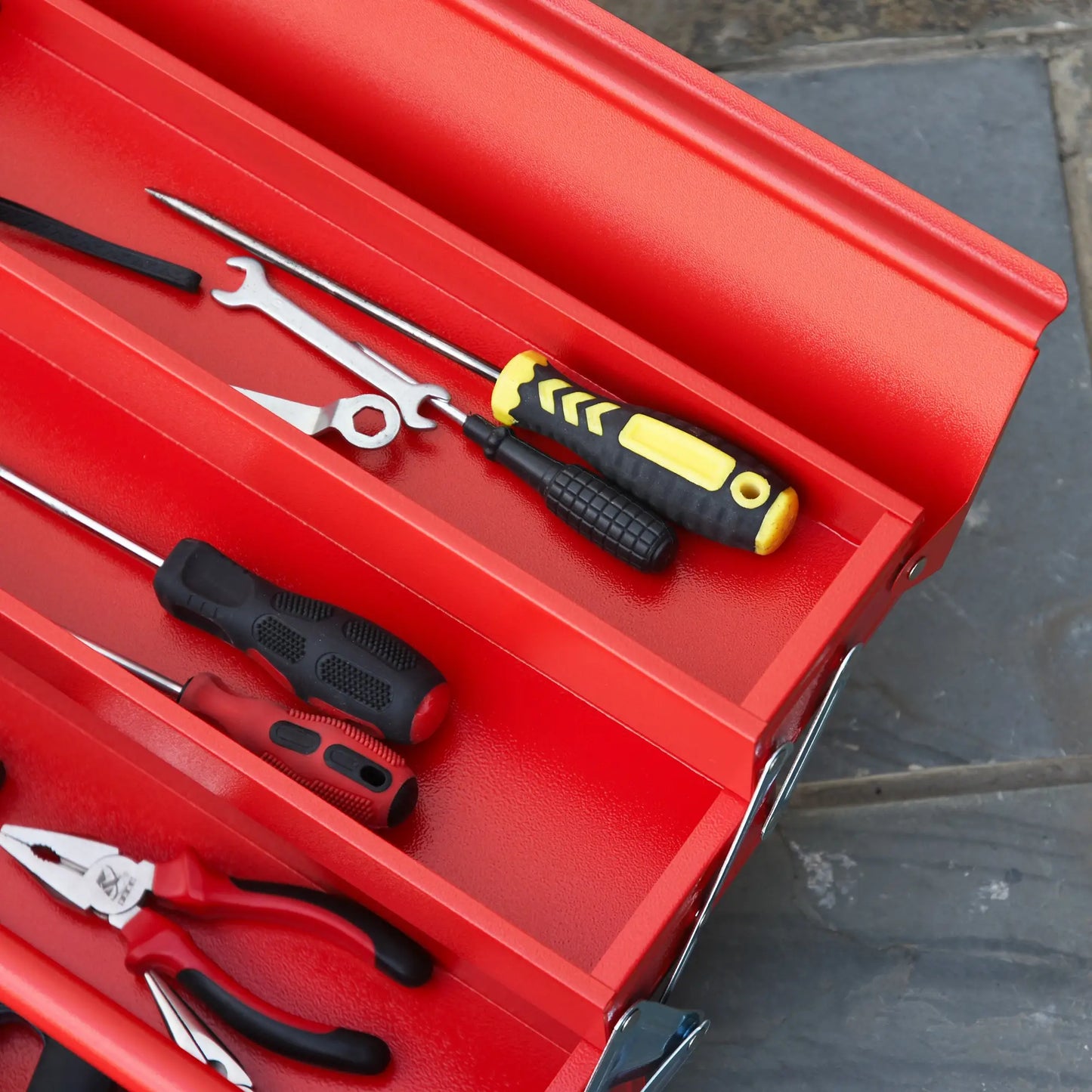 DURHAND Metal Tool Box 3 Tier 5 Tray Professional Portable Storage Cabinet Workshop Cantilever Toolbox with Carry Handle, Red