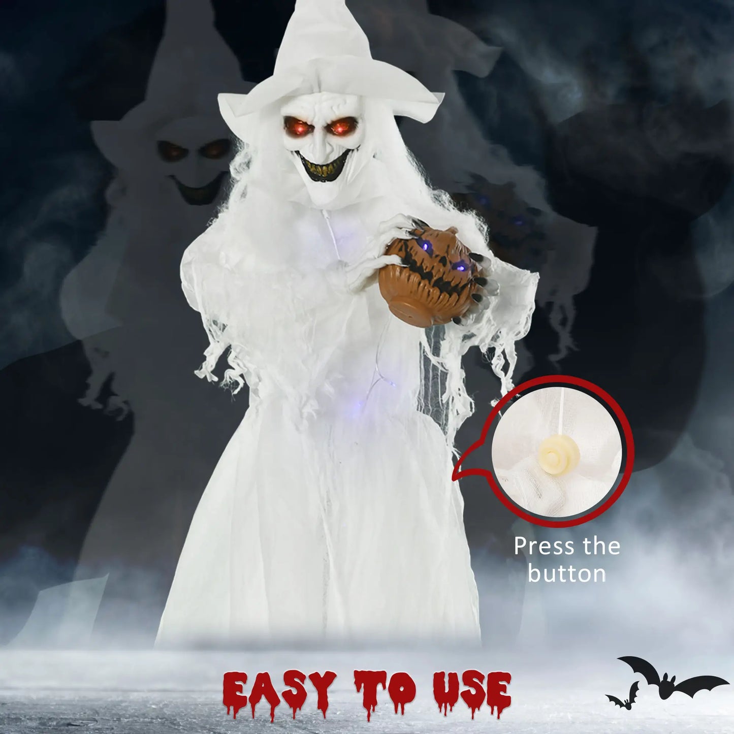 Outsunny Halloween Decorations White Witch Holding Pumpkin Head, Ghost Prop with Light Up Eyes & Body
