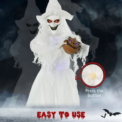 Outsunny Halloween Decorations White Witch Holding Pumpkin Head, Ghost Prop with Light Up Eyes & Body