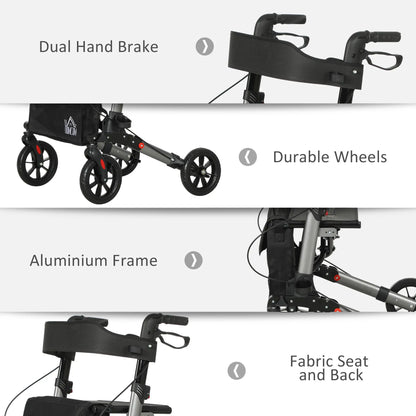 HOMCOM 4 Wheel Rollator with Seat & Back, Folding Walker with Carry Bag, Adjustable Height, Dual Brakes, Aluminium Walking Frame, Silver