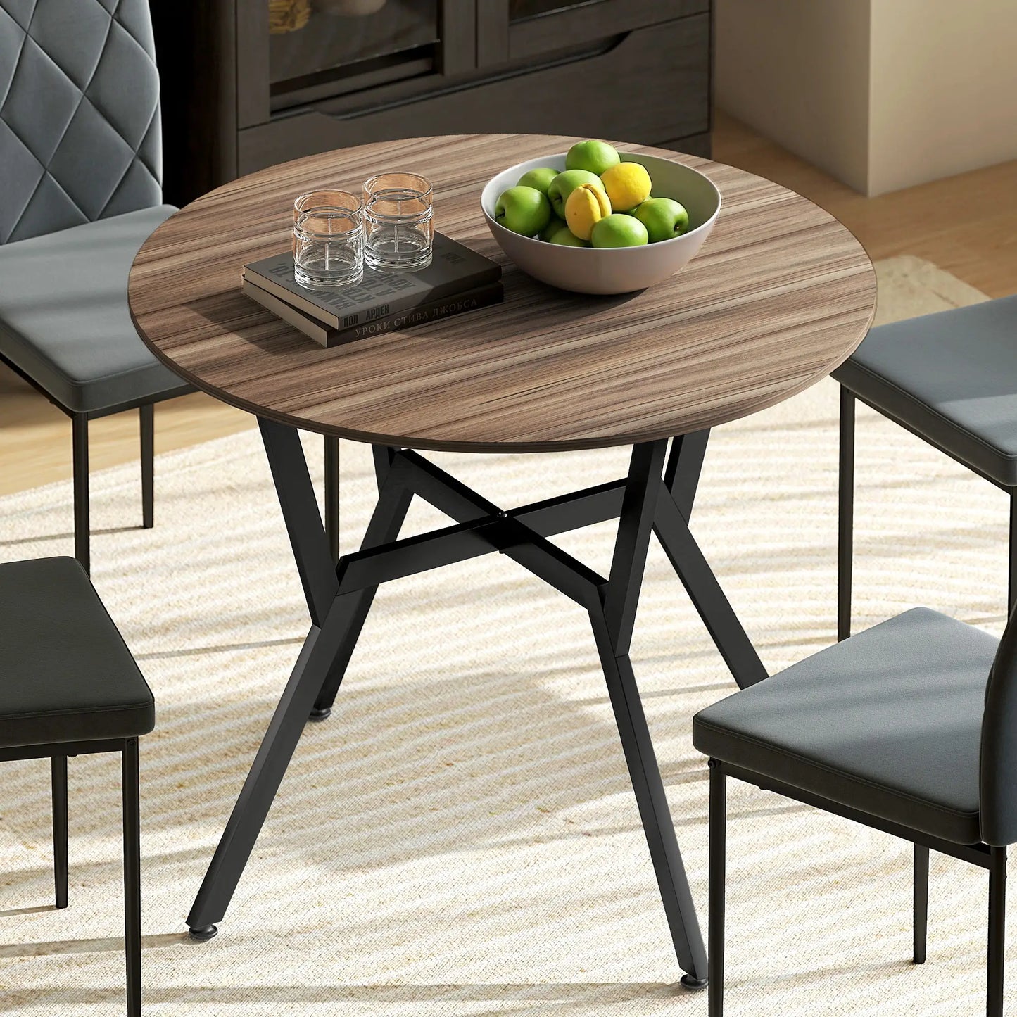 HOMCOM Dining Table, Round Kitchen Table with Black Legs, Anti-Slip Foot Pads, Brown