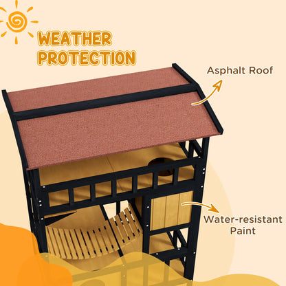 PawHut Outdoor Cat Shelter, Four-Tier Wooden Feral Cat House with Suspension Bridge, Balcony, Escape Doors