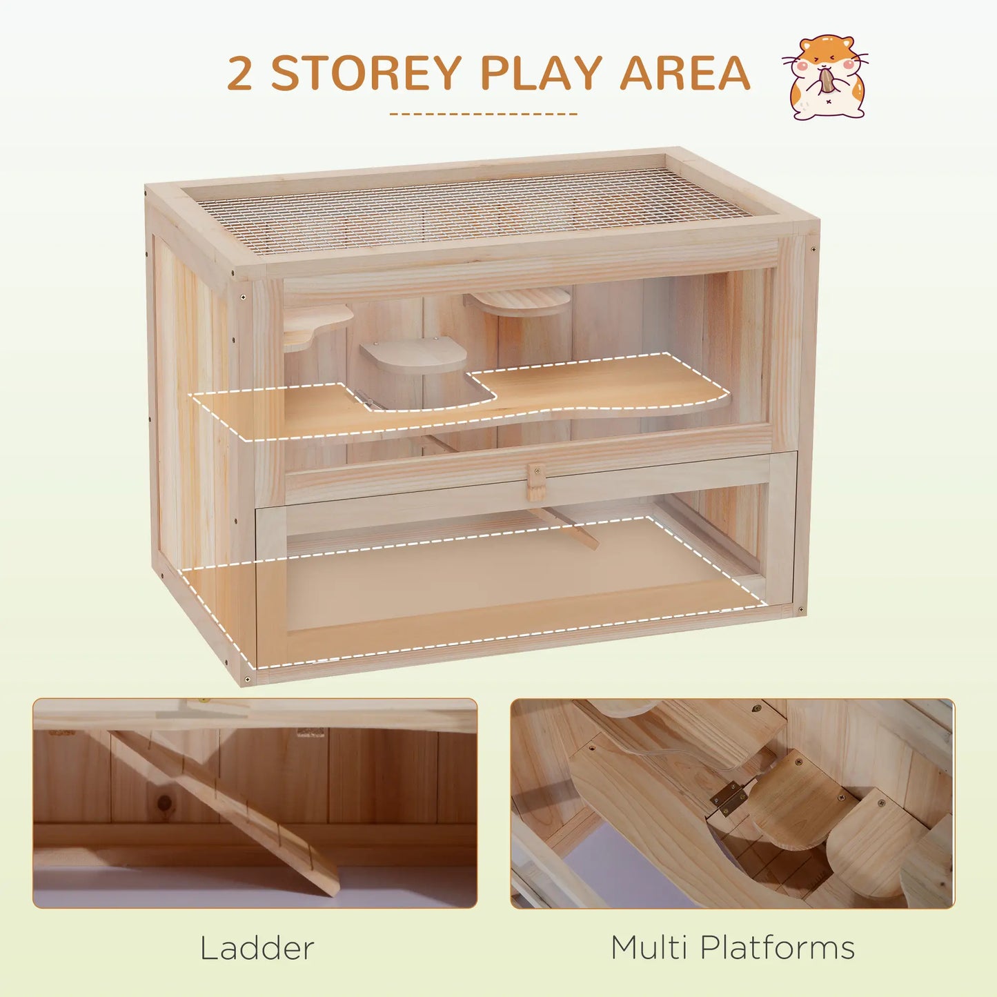 PawHut Wooden Hamster Cage Mouse Mice Rodent Small Animals Hutch Exercise Play House, Natural Wood Finish