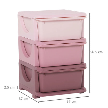 HOMCOM 3 Drawers Plastic Kids Storage Units, 3 Tier Children Toy Chest for Nursery, Playroom, Pink