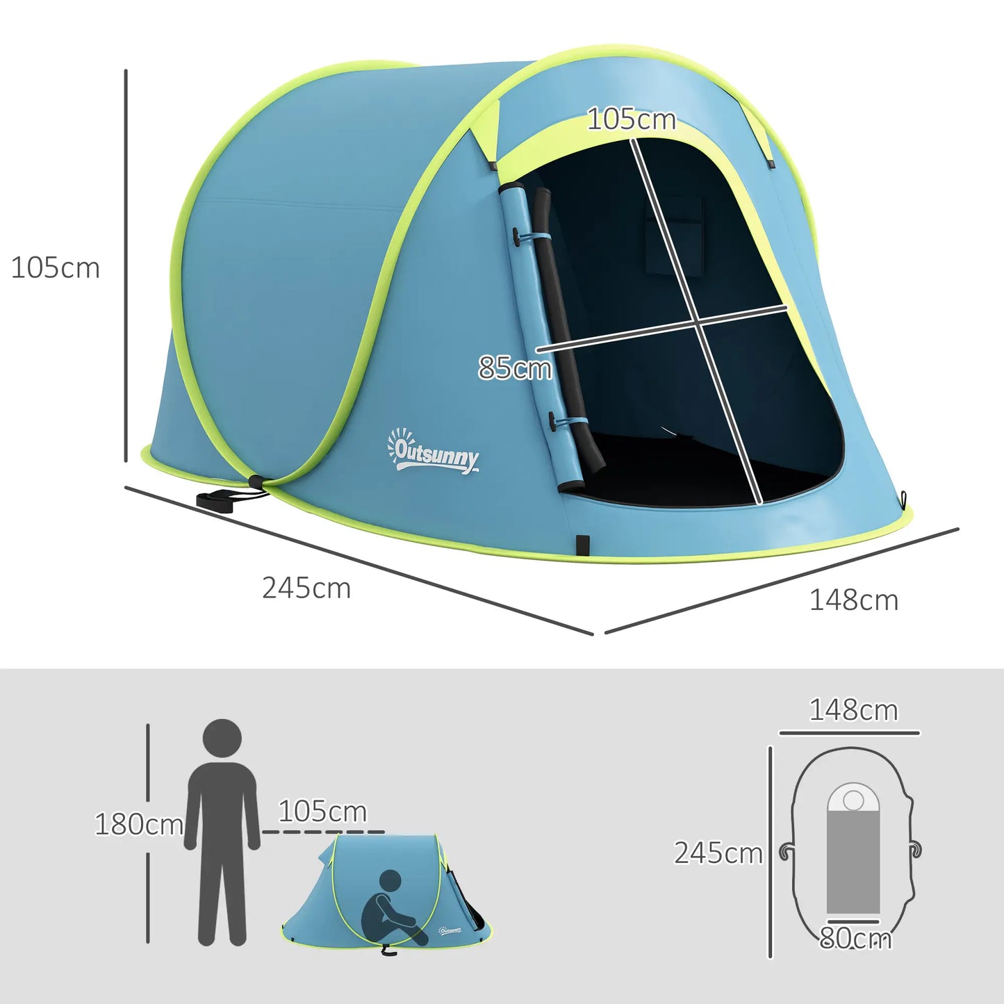 Outsunny Two-Man Pop-Up Camping Dome Tent with Accessories - Blue