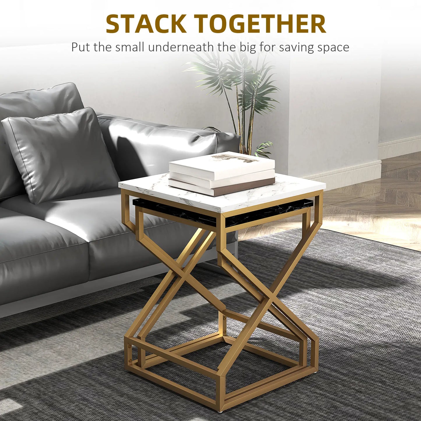 HOMCOM Set of Two Side Table Marble-Effect Nesting Bedside Tables