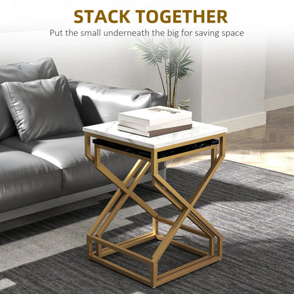 HOMCOM Set of Two Side Table Marble-Effect Nesting Bedside Tables