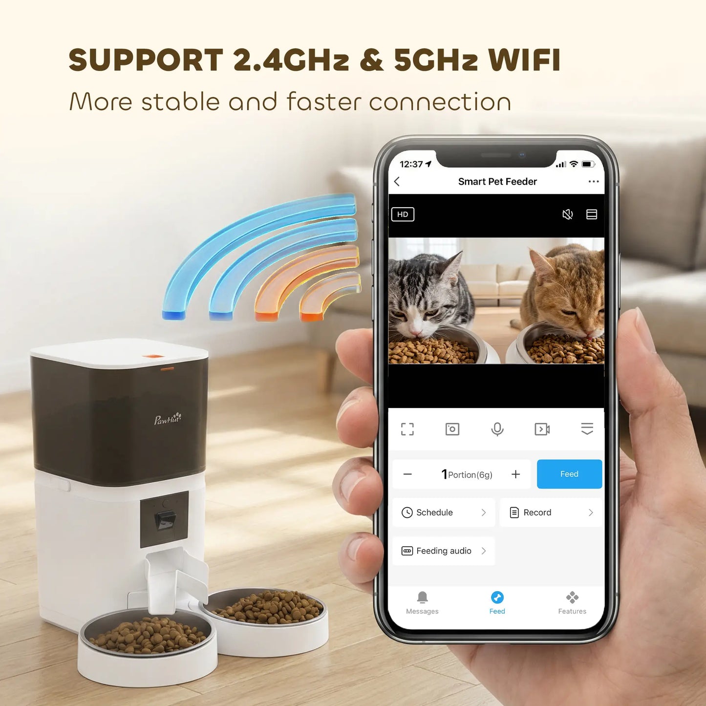 PawHut Automatic Cat Feeder for 2 Cats with HD Camera, 2.4G & 5G WiFi Pet Food Dispenser 6L APP Control