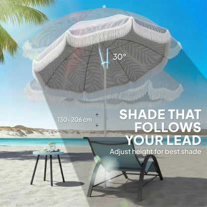 Outsunny Beach Umbrella Parasol with Sand Anchor, Portable Tilting Garden Parasol with Adjustable Height, Light Grey