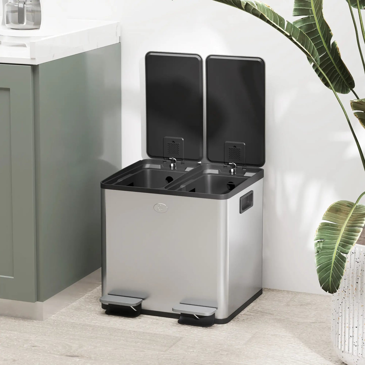 HOMCOM 30L Dual Compartment Stainless Steel Kitchen Bin with Deodoriser Holders - Silver Tone