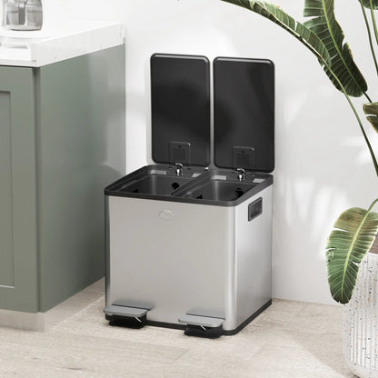HOMCOM 30L Dual Compartment Stainless Steel Kitchen Bin with Deodoriser Holders - Silver Tone