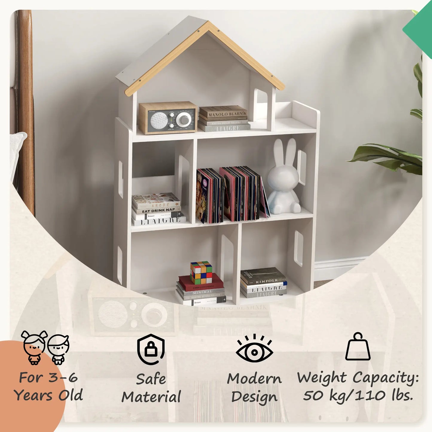 ZONEKIZ Three-Tier Toy Storage Shelf, Kids Bookcase with Six Cubes for Playroom, Bedroom - White