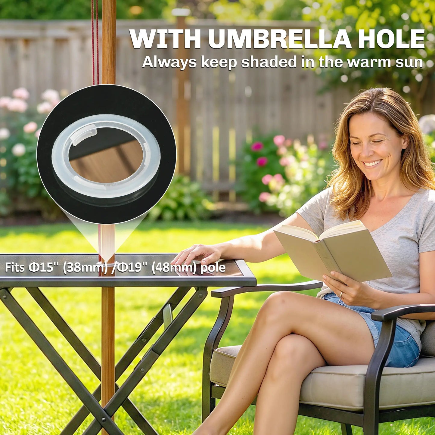 Outsunny Folding Outdoor Dining Table, Square Garden Patio Table Tempered Glass Top with Parasol Hole, Black