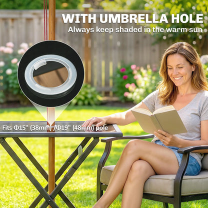 Outsunny Folding Outdoor Dining Table, Square Garden Patio Table Tempered Glass Top with Parasol Hole, Black