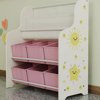 AIYAPLAY Kids Storage Unit, Toy Organiser with 6 Fabric Drawers and 2-Tier Sling Book Rack for Bedroom, Playroom, Pink