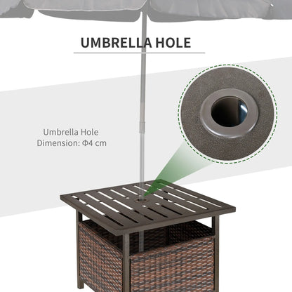 Rattan Garden Coffee Table, Square Wicker Patio Side Table with Umbrella Hole, Metal Bottom for Outdoor, Brown