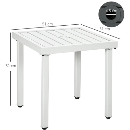 Outsunny Garden Side Table End Table Patio Coffee Table with Umbrella Hole, Steel Frame, White