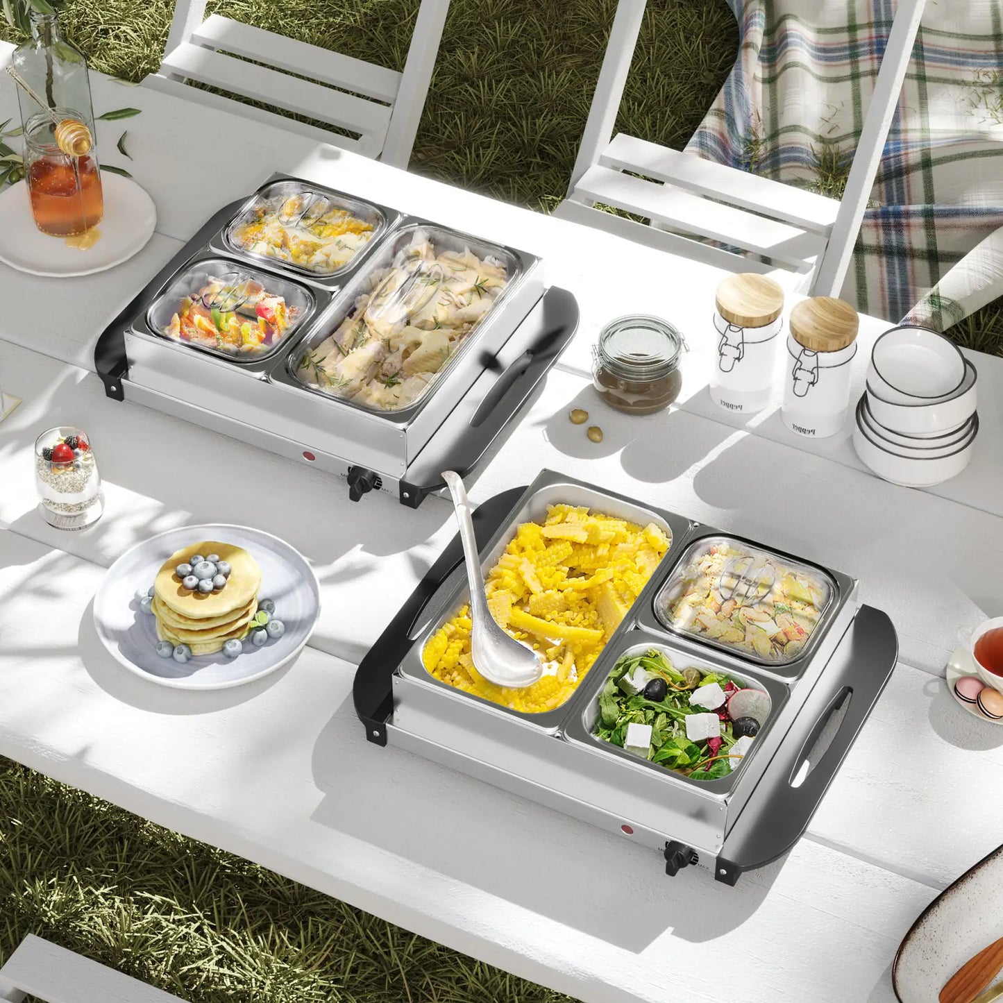 HOMCOM 4.5L Stainless Steel Electric Buffet Server with 3x Trays and Lids, Set of 2
